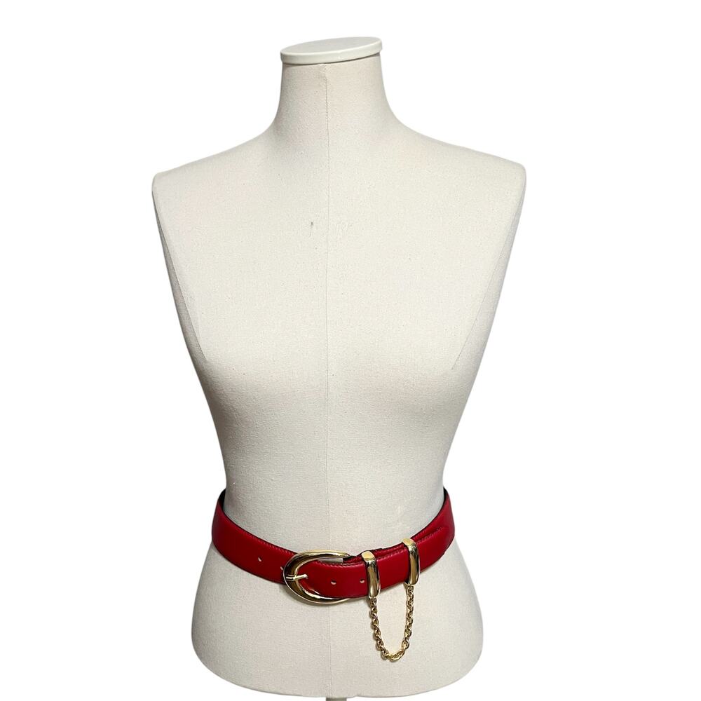 ⭐️Vintage Tarox Made In Italy Red Leather Gold Buckle With Chain Belt Sz-Sm/Med